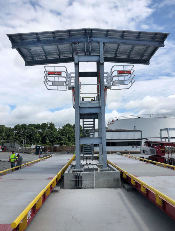 Installed canopy, loading platform and gangway system